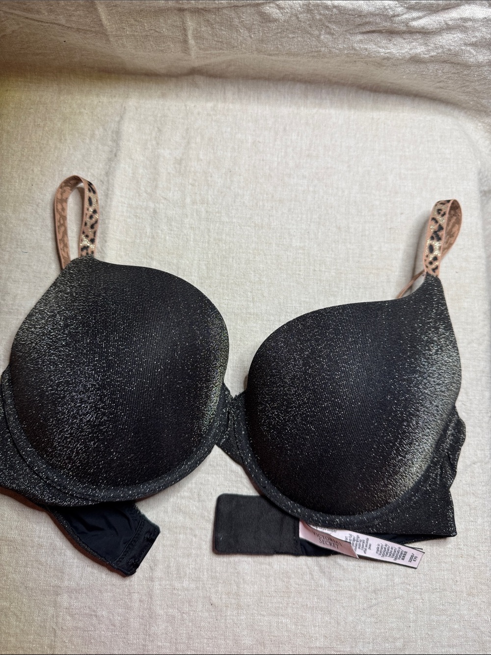 Victoria's Secret Black Shimmer T-Shirt Bra with Leopard Print Straps
